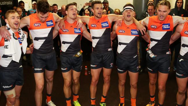 Giants players celebrate their win over West Coast. Picture: Getty Images