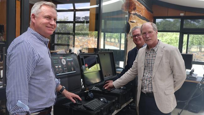 Premier Jeremy Rockliff and Liberal Member for Bass Simon Wood with Pivot Maritime International Managing Director Jeff Hawkins. Picture: Supplied.