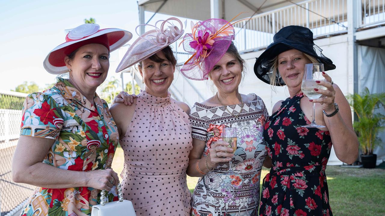 Karen Cavanagh, Katrina Cox, Bianca Hill and Lisa Gordon at the 2023 Darwin Cup Carnival Ladies Day. Picture: Pema Tamang Pakhrin