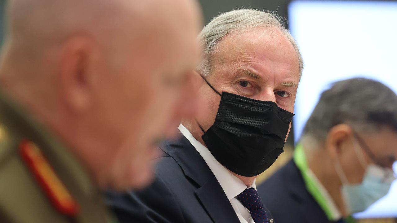 Aged Care Services Minister Richard Colbeck during questions following large COVID-19 outbreaks at facilities across Australia, including shortages of protective equipment for medical staff and rapid antigen tests. Picture: Gary Ramage