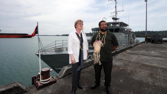 Defence Minister Senator Linda Reynolds at Lombrum Naval Base in Manus province with her PNG counterpart, Saki Soloma, in August. Picture Gary Ramage