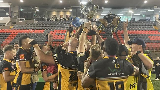 Gatton Hawks celebrate their 2024 Toowoomba Rugby League grand final win.