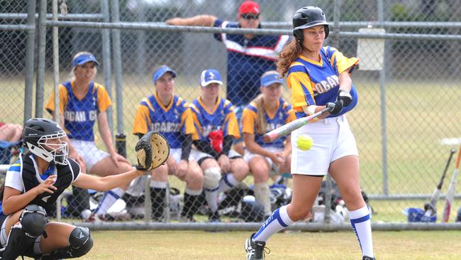 SOFTBALL: Queensland under-19 girl's softball titles held at the Brisbane Softball Association grounds at Downey Park. Sunday October 1, 2017. (AAP image, John Gass) Gracyn Va'a hits at the ball for Logan City vs Far North Qld/Noosa on Diamond 3