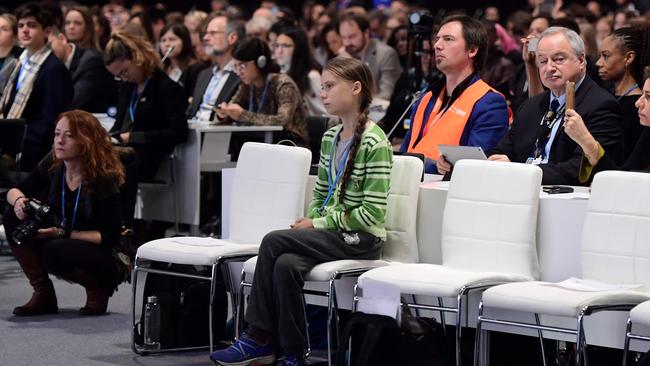 Swedish climate activist Greta Thunberg attends a high-level event on climate emergency hosted by the Chilean presidency during the UN Climate Change Conference COP25 in Madrid. Picture: Cristina Quicler/AFP