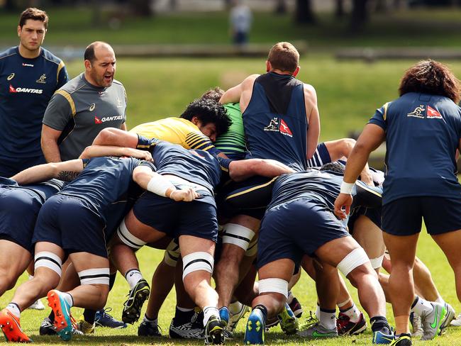 Wallabies practice their rolling maul.