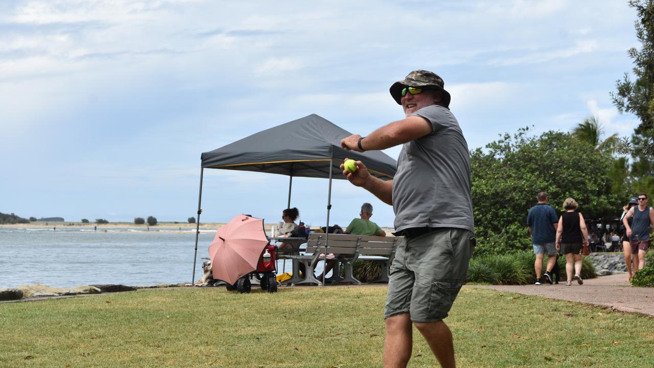 Kaitlyn Mann, Andrew Gregory and Neil McManus playing cricket in Maroochydore for Boxing Day. Picture: Sam Turner