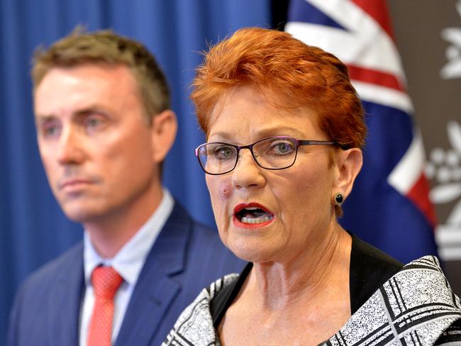 One Nation leader Pauline Hanson speaks during her fiery press conference alongside James Ashby.