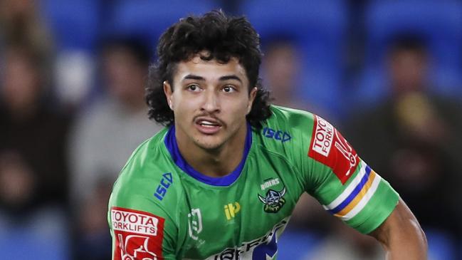 GOLD COAST, AUSTRALIA - JULY 17: Xavier Savage of the Raiders runs with the ball during the round 18 NRL match between the Canberra Raiders and the Cronulla Sharks at Cbus Super Stadium, on July 17, 2021, in Gold Coast, Australia. (Photo by Regi Varghese/Getty Images)