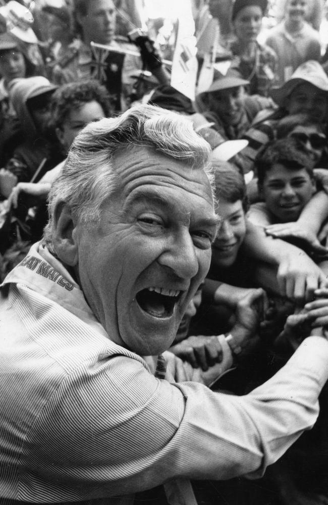 Bob Hawke at the 15th Australian Jamboree for Scouts at Woodhouse, near Piccadilly, in the Adelaide Hills, SA, in 1989. Picture: Paul Lakatos/ News Corp Australia