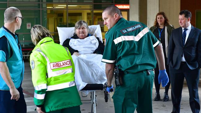 Roselyn Katsikas, 56, from the Mallee, was the first patient taken from the old RAH to the new. Picture: AAP Image/ Keryn Stevens