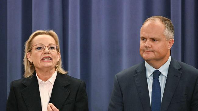 Australia's Leader of the Opposition Sussan Ley speaks at a press conference with Deputy Leader of the Opposition Ted O'Brien. (Photo by Saeed Khan / AFP)
