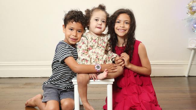 Siblings Hayden, Lani and Layla Daniel at their home in Leichhardt. Picture: Richard Dobson