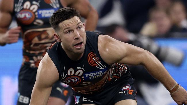 GEELONG, AUSTRALIA - MAY 25: Toby Greene of the Giants celebrates a goal during the 2024 round 11 AFL match between Geelong Cats and Greater Western Sydney Giants at GMHBA Stadium, on May 25, 2024, in Geelong, Australia. (Photo by Martin Keep/AFL Photos/Getty Images)