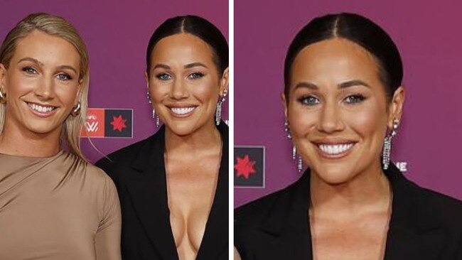 Businesswoman attends the AFLW awards night with Essendon player