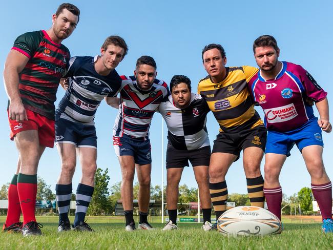 The Darwin Rugby Union season is set to launch on October 24. Pictured, from left, are Zac Burge (South Darwin Rabbitohs), Mark Ross (Casuarina Cougars), Kendall Quakawoot (Palmerston Crocs), Dennis Hill (University Pirates), Hirini Murfitt (Darwin Dragons) and Mark Gillam (Swampdogs). Picture: Che Chorley