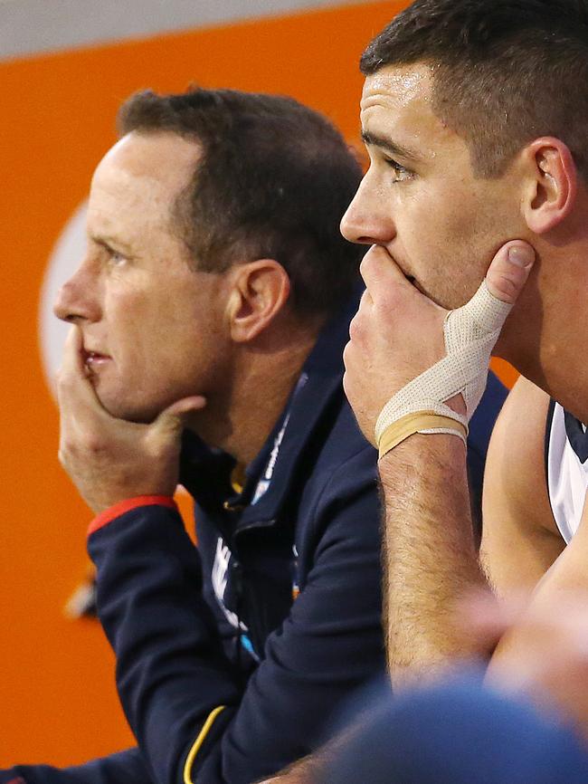 Adelaide coach Don Pyke and skipper Taylor Walker during the Crows’ dismal third quarter. Picture: Michael Klein