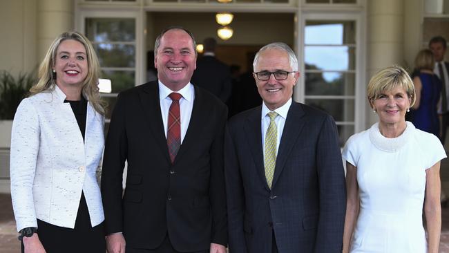 Deputy Nationals leader Bridget McKenzie, Deputy Prime Minister Barnaby Joyce,  Prime Minister Malcolm Turnbull and Minister for Foreign Affairs Julie Bishop during a ministerial swearing-in ceremony in December.