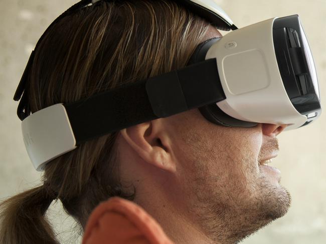 The Samsung Gear VR 360-degree virtual reality headset works in conjunction with a Note 4 smartphone.