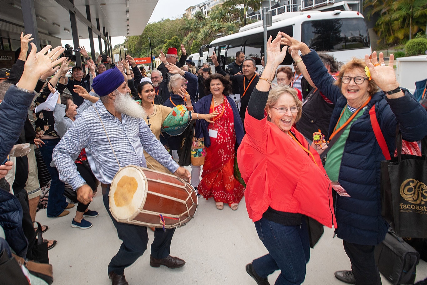 The Bollywood Express rolls into Coffs Harbour Train Station and is welcolmed by the Dance drumming of councillor John Arkan.. 26 SEPT 2019