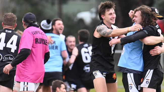 Campbells Creek players celebrate after winning their first game this season after 29 straight losses. Picture: Rob Leeson.