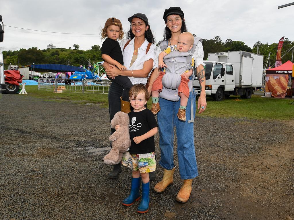 Friends from Bexhill and Dunoon catching up at the Lismore Show from left: Mum, Steph Tivendale with Nullah, and Kate Young with baby Judah and Alvey. Picture: Cath Piltz