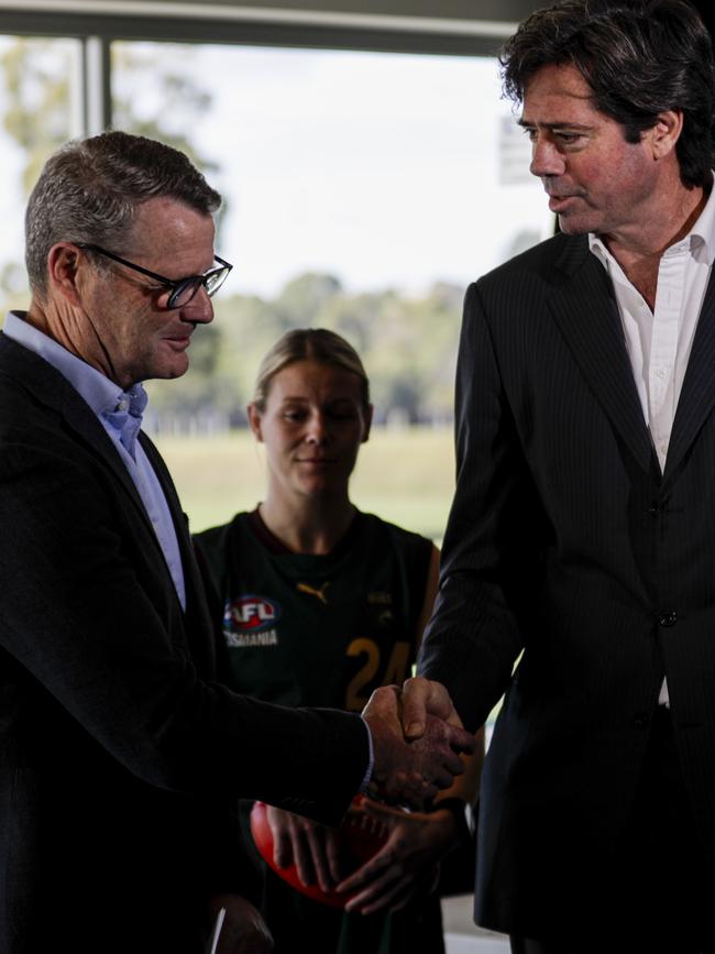 AFL CEO Gillon McLachlan congratulates Grant O'Brien on his appointment of the Tasmanian AFL Team Chairman at Dial Park, Penguin. Picture: Grant Viney