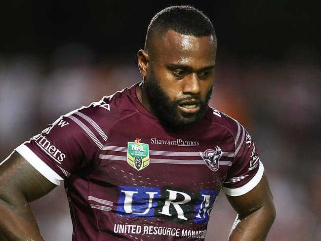 SYDNEY, AUSTRALIA - APRIL 15: Akuila Uate of the Sea Eagles looks on during the round six NRL match between the Manly Sea Eagles and the Wests Tigers at Lottoland on April 15, 2018 in Sydney, Australia.  (Photo by Brendon Thorne/Getty Images)