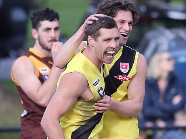 Torquay's Luke Mahony and Sheldon Ham celebrate a goal. Drysdale v Torquay BFNL. Picture: Alan Barber