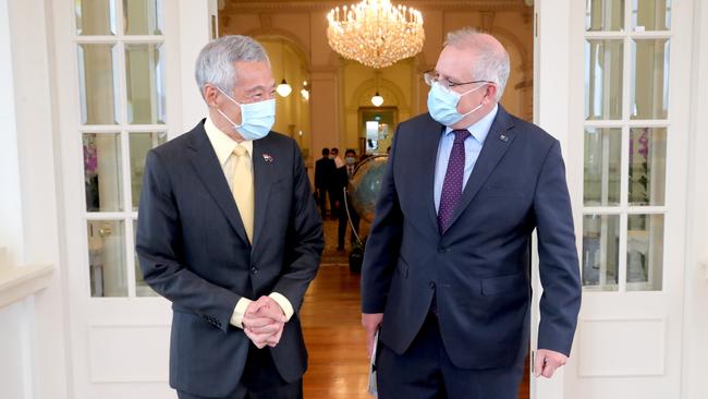 Prime Minister Scott Morrison arrives in Singapore for a one-on-one meeting with Singaporean Prime Minister Lee Hsien Loong on the way over to the G7 in Cornwall. Picture: Adam Taylor/PMO