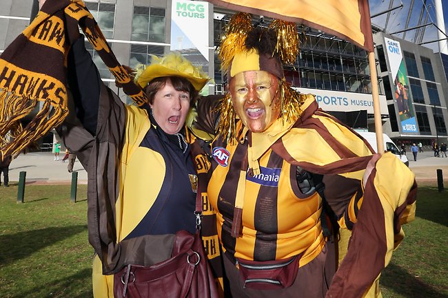 Hawks fans Lyn Hurd and Jenelle Marshall outside the MCG. Picture: Alex Coppel