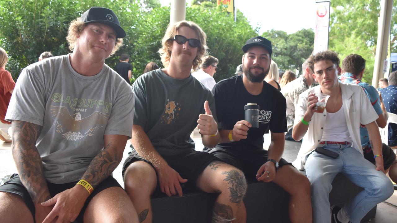 Ethan Jash, Jacob Stewart, Carl Bushby and Jase Cleaver at Your Mates Beer Day Out in Warana on December 10, 2022. Picture: Sam Turner