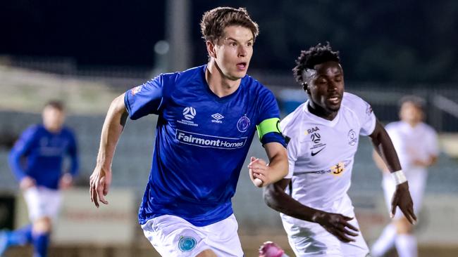 Adelaide Blue Eagles midfielder Hamish McCabe – in action during a NPL SA match against Adelaide Olympic earlier this year – took out the 2021 Sergio Melta Medal. Picture: Adam Butler