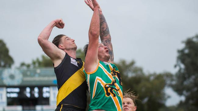 Ryley Monkhorst (right) played his first game for new club, Mooroolbark. Picture: Mitcham Football Club