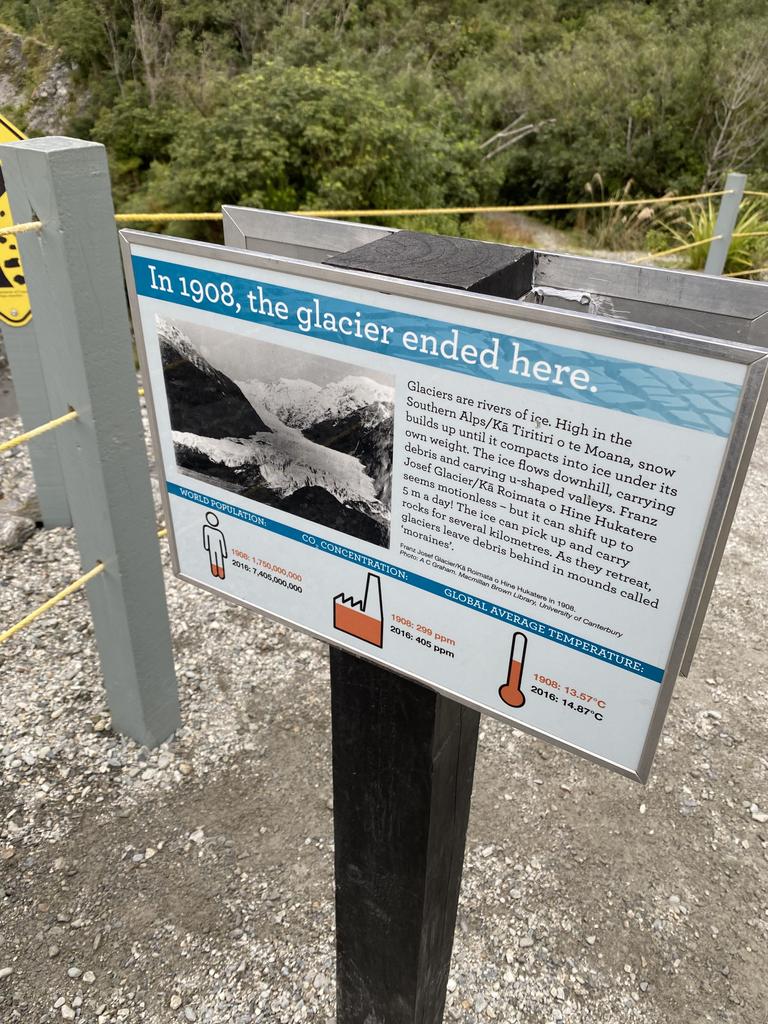 Signage at Franz Josef Glacier showing its rapid decline. Picture: Jack Evans