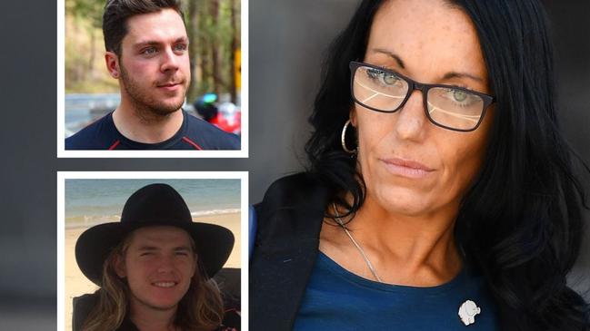 Kelly Renee Liddicoat (right) hit and killed Sunshine Coast mechanics Aaron Pitt (top left) and Lleyton Bartlett (bottom left) while they repaired a broken down bus in April, 2022.