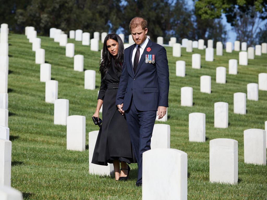 Meghan and Harry laying a wreath for Remembrance Sunday on November 8 saw them overshadow work done by the rest of the royals. Picture: Lee Morgan/Handout via Getty Images