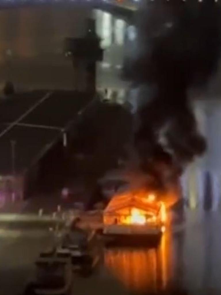 Emergency crews have battled an intense blaze on a Melbourne party boat that was moored at Docklands. Picture: 7 NEWS