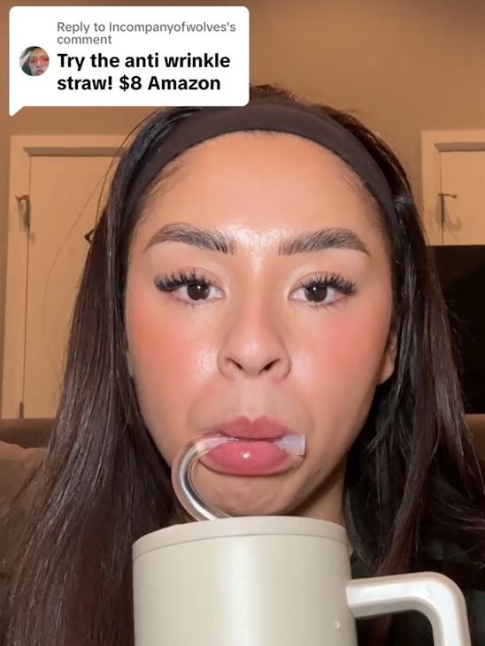 Her followers encouraged her to try out an ‘anti-wrinkle’ straw. Picture: @bigg_sal/TikTok