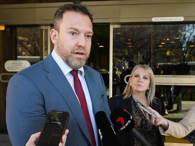 ADELAIDE AUSTRALIA - NewsWire Photos JUNE 19, 2024: Samantha Strange v Mark Carroll. Lawyer Andrew Carpenter and PASA member Pauline Porter outside the District Court. Picture: NCA NewsWire / Brenton Edwards