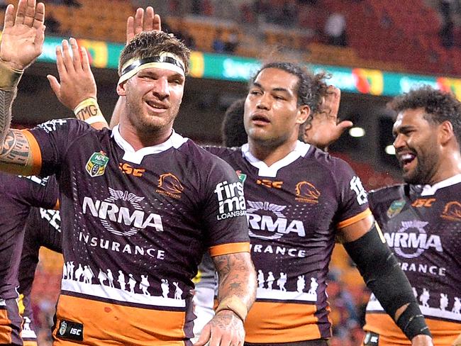 BRISBANE, AUSTRALIA - APRIL 27: Broncos players celebrate victory during the round nine NRL match between the Brisbane Broncos and the Penrith Panthers at Suncorp Stadium on April 27, 2017 in Brisbane, Australia.  (Photo by Bradley Kanaris/Getty Images)