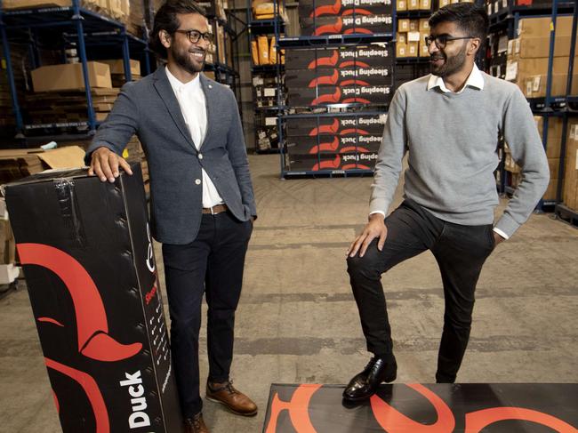 Sleeping Duck founders Winston Wijeyeratne and Selvam Sinnappan at their warehouse in Mulgrave. Picture: Supplied