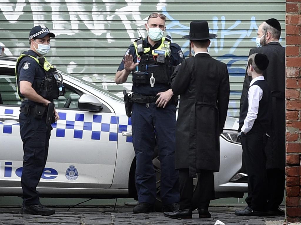 Officers have been in the Ripponlea area since early on Tuesday morning where they are stationed outside a synagogue on Glen Eira Ave. Picture: Andrew Henshaw