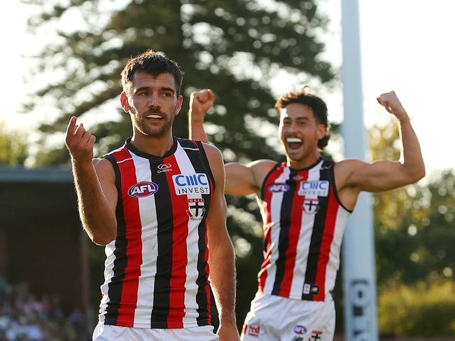 ADELAIDE, AUSTRALIA - APRIL 07: Riley Bonner of the Saints celebrates a goal with Mitch Owens of the Saints during the 2024 AFL Round 04 match between the Richmond Tigers and the St Kilda Saints at Norwood Oval on April 07, 2024 in Adelaide, Australia. (Photo by Sarah Reed/AFL Photos via Getty Images)