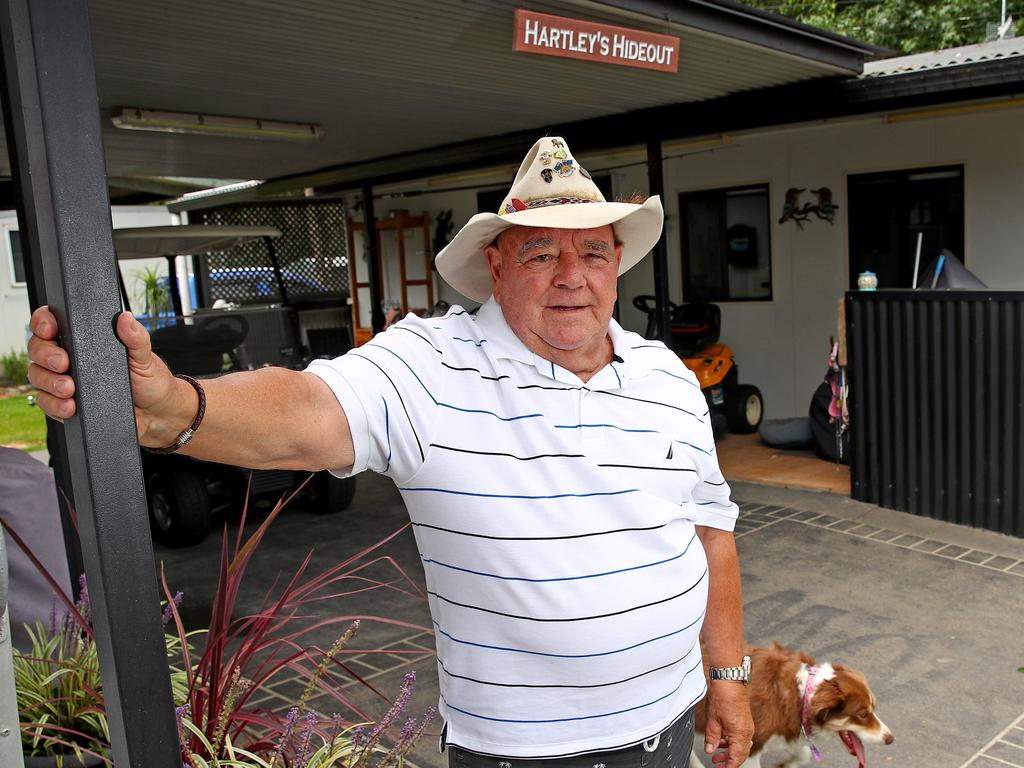 Former rugby league referee and commentator Greg 'Hollywood' Hartley at ‘Hartley’s Hideout’ following a horror cancer diagnosis. Picture: Toby Zerna