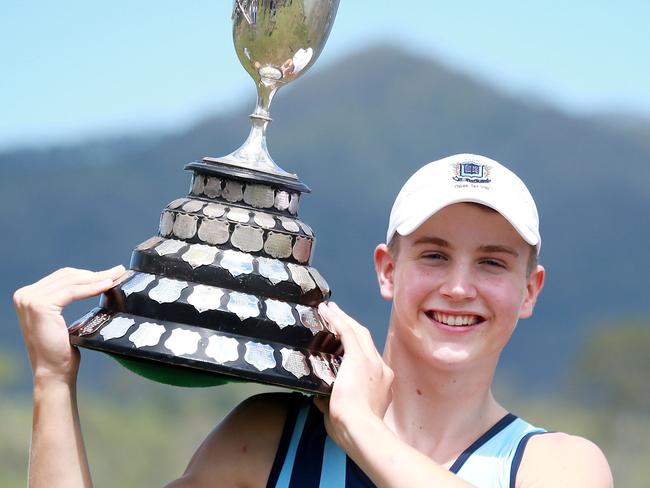 Brisbane Grammar School rowing captain Hugh Weightman with the teams winning trophy at the GPS Head of the River, Lake Wyaralong, Allenview, Saturday March 14, 2020. (AAP/Image Sarah Marshall)