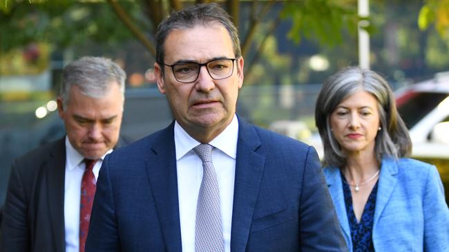 Premier Steven Marshall with Health Minister Stephen Wade and state public health chief Associate Professor Nicola Spurrier on Tuesday. Picture: David Mariuz/AAP