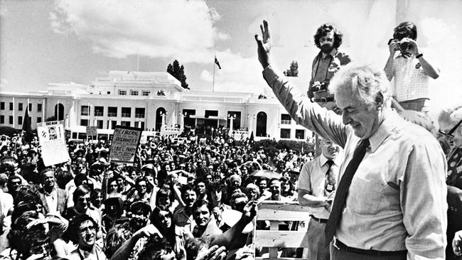 Gough Whitlam addresses the crowd near Parliament House, Canberra.