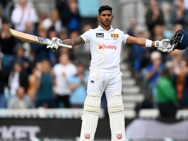 LONDON, ENGLAND - SEPTEMBER 09: Pathum Nissanka of Sri Lanka celebrates reaching his century during the 3rd Test Match between England and Sri Lanka at The Kia Oval on September 09, 2024 in London, England. (Photo by Gareth Copley/Getty Images)