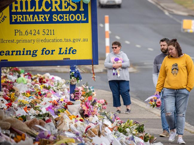 Locals pay tribute to the classmates at Hillcrest Primary School who died on Thursday. Picture: Jason Edwards