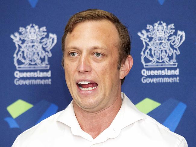 Queensland health minister Steven Miles speaks to the media at a press conference in Brisbane CBD, Saturday February 29, 2020. The government has issued a contact tracing alert for the Coronavirus after a woman arrived to the Gold Coast with the virus. (AAP/Image Sarah Marshall)